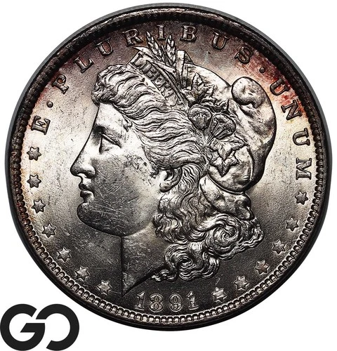 1891 Morgan Silver Dollar Coin, Very Attractive Gem BU++