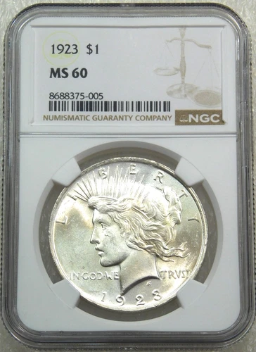 1923 Peace Silver Dollar NGC MS60 Frosty White Just Graded New Holder #T252A