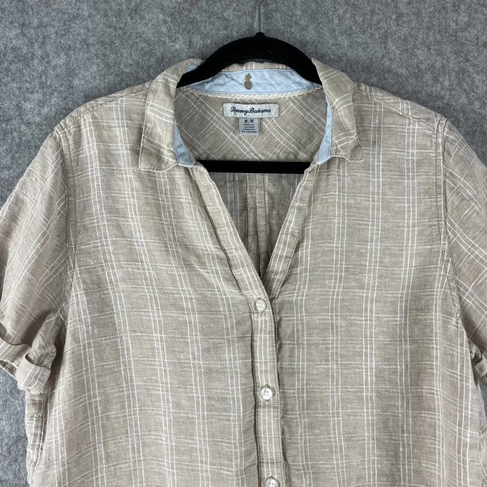 Top Tommy Bahama de lino para mujer mediano beige a cuadros manga corta costero playero Foto 2 de 4