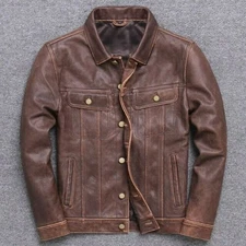 Mens Vintage Distressed Brown Crackled Leather Trucker Jacket Denim Style Jacket