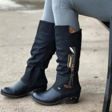 Womens Faux Suede Pull on Round Toe Mid-Block Heels Fashion Knee High Boots
