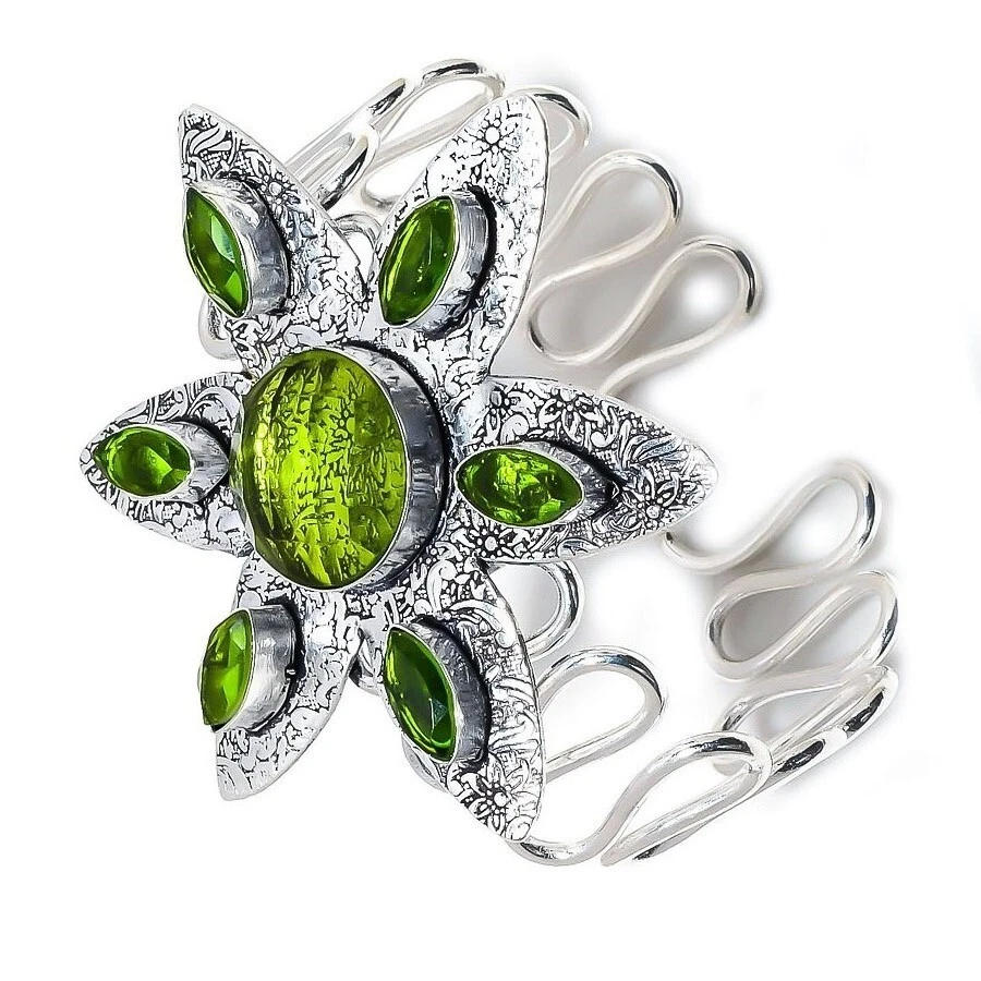 Green Peridot Gemstone Ethnic 925 Sterling Silver Handmade Jewelry Bangle/Cuff - Image 3 of 4
