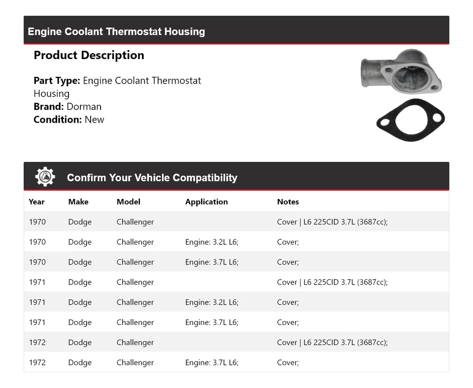 Carcaça termostato líquido refrigerante motor Dodge Challenger Dorman 1970-1972 1971 - Imagem 2 de 4