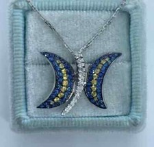 1Ct Round Cut Lab-Created Blue Sapphire Butterfly Pendant 14K White Gold Plated