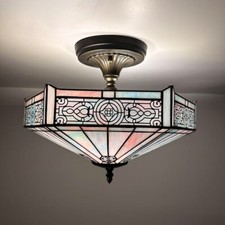 Tiffany Style Ceiling Lights Sky Color Stained Glass Hexagon 12"H 16"W 16"D