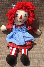 Handmade Raggedy Ann Cloth Doll Red Dress Blue Apron Embroidered Face 16"