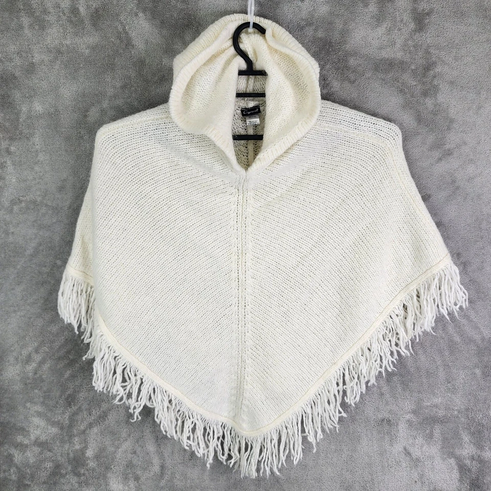Poncho para mujer Cejón tejido blanco con capucha suéter flecos dobladillo mezcla de lana talla única Foto 2 de 4