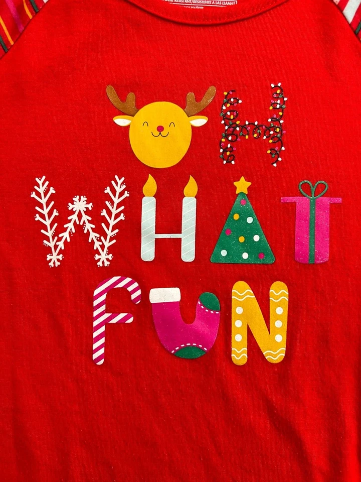 Girl's Cat&Jack 2 Pc Pajamas "Oh What Fun" Xmas, Reindeer/Tree/Present, Sz M 7-8 - Image 3 of 4