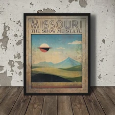 Retro UFO MISSOURI Travel Poster, Sci-fi St. Louis Kansas City Alien UAP Decor
