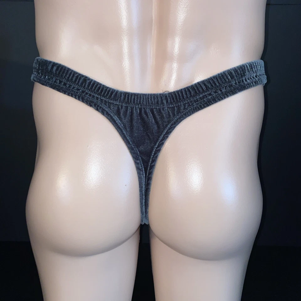Vintage Intimo Soft Crushed Velvet Charcoal Grey Pouch Thong Size Small - Image 3 of 4