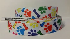 Grosgrain Ribbon, Multi Colored Doggie Paw Prints & Bones on White, 7/8" Wide