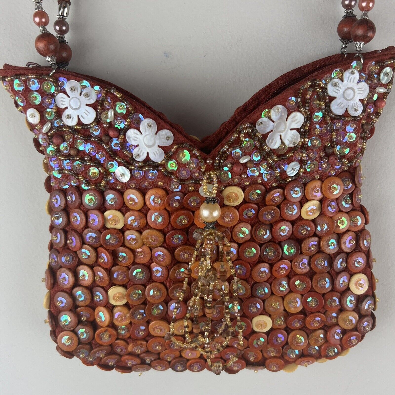 Vintage Wood Bead Purse Shoulder Bag Handbag Arts… - image 2