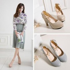 Womens Rhinestone Chunky High Heels Glitter Sequin Pump Wedding Party Dress Shoe