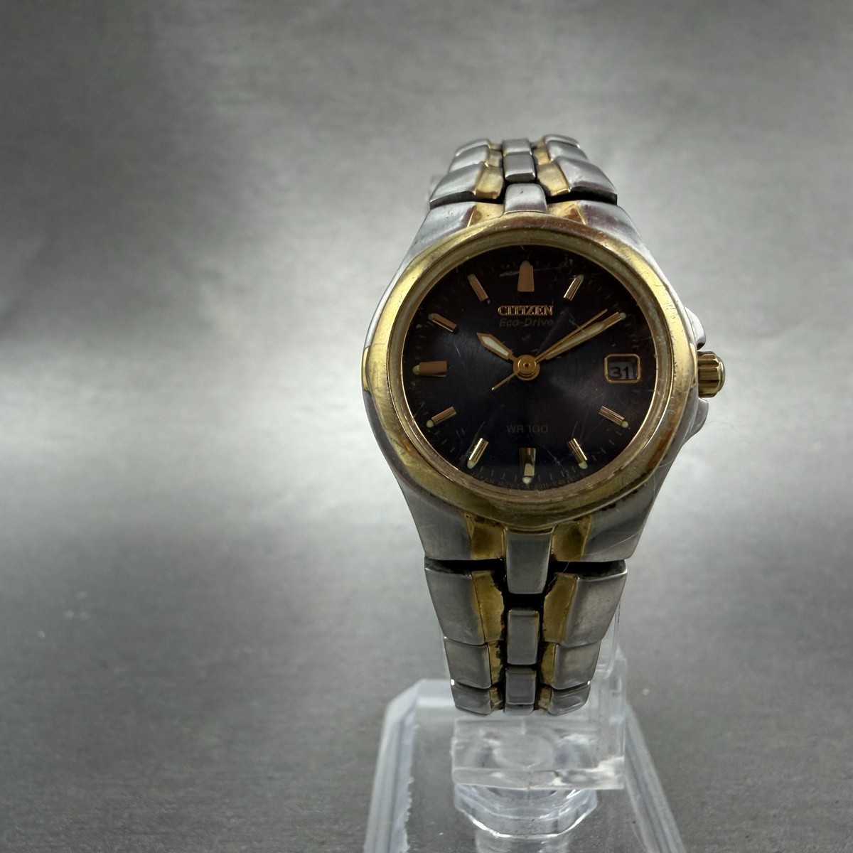 Citizen Eco-Drive Watch Women 24mm Black Dial Two Tone Date E011 Citizen Eco-Drive Watch Women 24mm Black Dial Two Tone Date E011