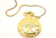 GEM Pocket Watch Gold Tone Horses w 15" Chain Quartz NEED Battery