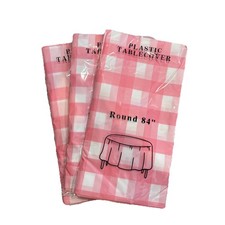 3 - 84 In. White and Pink Plastic Gingham Checkered Round Tablecloth