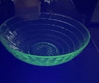 Uranium Glass Block Optic Bowl Anchor Hocking Berry Bowl 9” Vintage glows