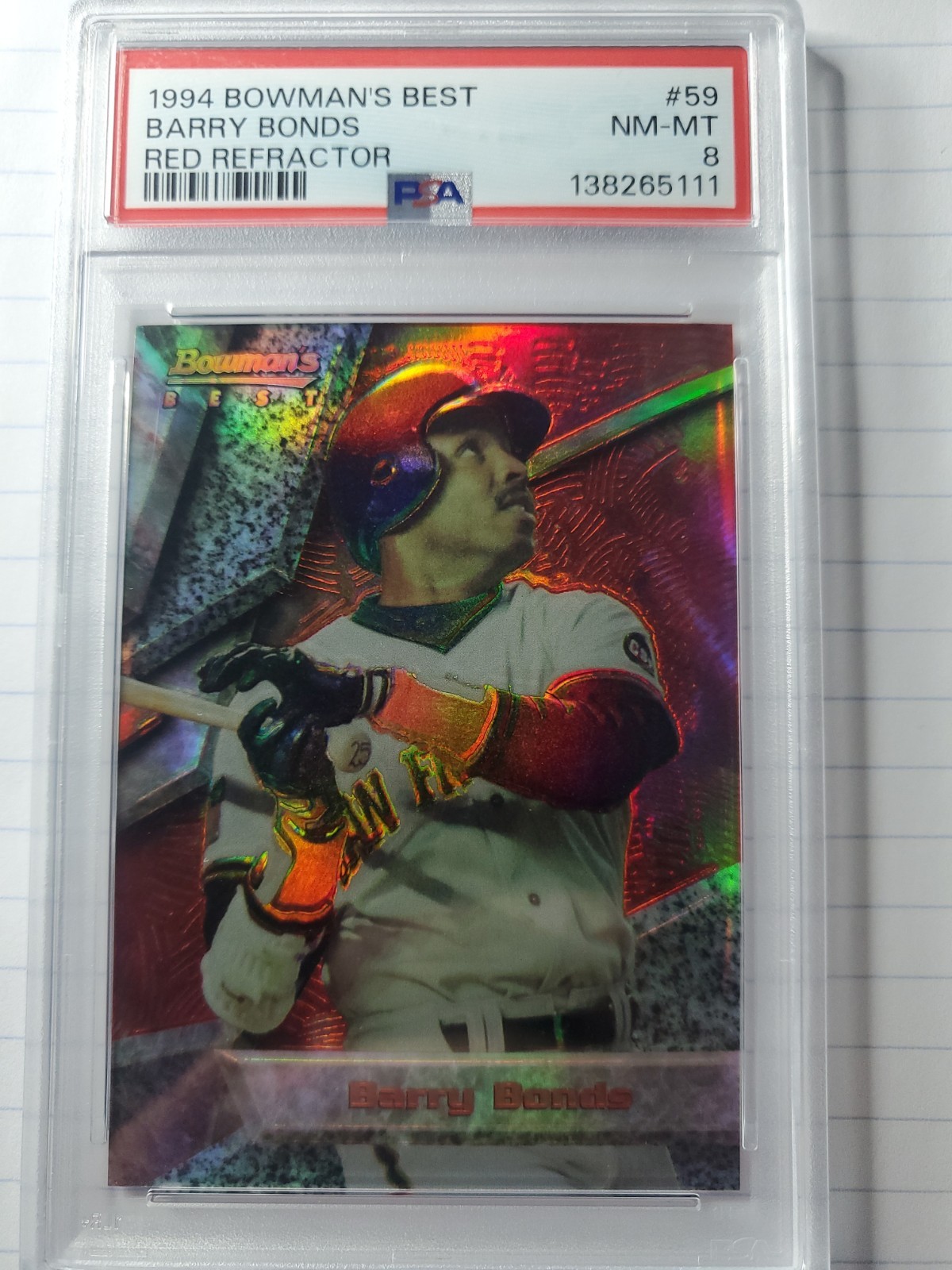 1994 BOWMAN'S BEST RED REFRACTOR #59 BARRY BONDS SP GRADED PSA 8 NM-MT view 1