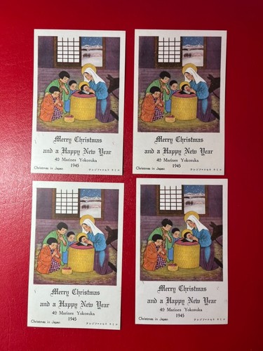 Set of 4 WWII US Marines Yokosuka Occupied Japan 1945 Nativity Christmas Cards