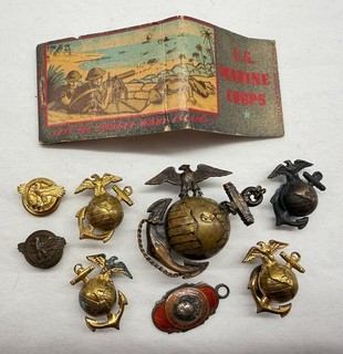 Pre WWI / World War I US Marine Corps Hat Badge Pin & WWII Insignia Wounded Duck