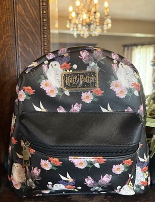 Harry Potter Hedwig Floral Mini Backpack Faux Leather Front Pocket Black