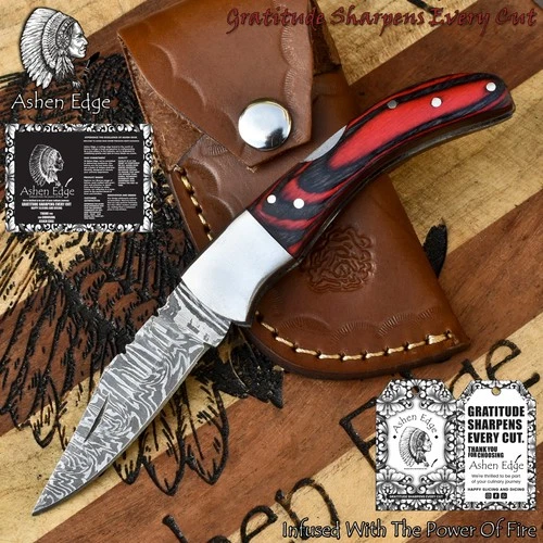 Ashen Edge Custom Twist Damascus Folding Knife Hard Wood Back Lock Hunter