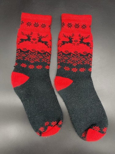 Vintage Womens Pair of Christmas Stocking Red Snowflakes and Reindeer