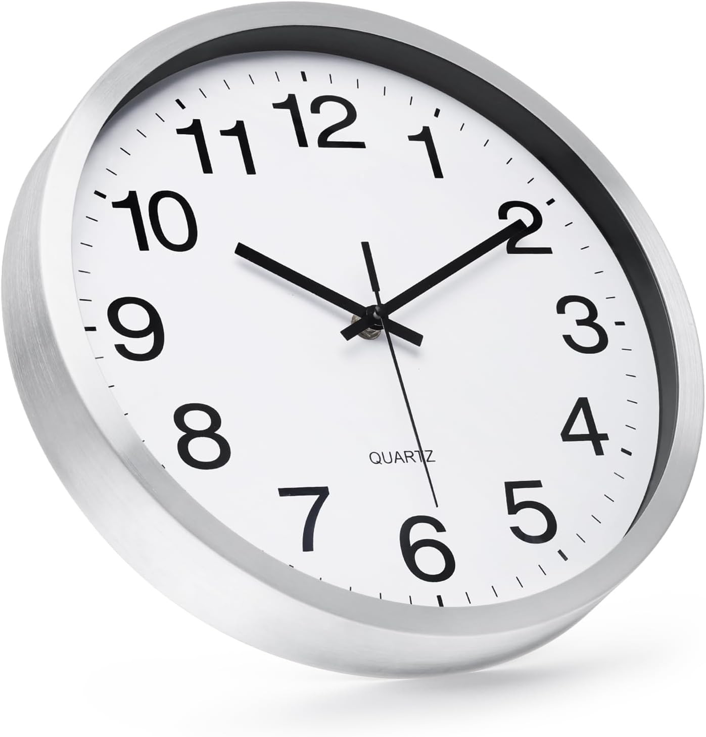 Wall Clock 12 Inch Silver Brushed Finish Silent Non Ticking Indoor Clock round B
