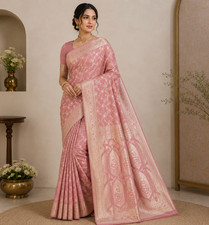Pure Katan Silk Banarasi Saree, Blush Pink Handwoven Gold Zari Bridal Wear