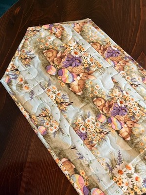 Handcrafted-Quilted Table Runner-Easter Eggs, Bunnies with Flowers Hoppy, Hoppy