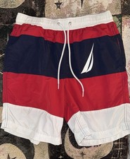 Nautica Men's Colorblock Swim Trunks Red Navy White Mesh Lined Drawstring S