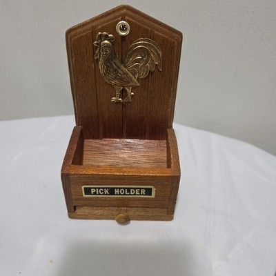 Vtg Wood Toothpick Holder Dispenser  Pick Holder  Copper Rooster,Country Kitchen