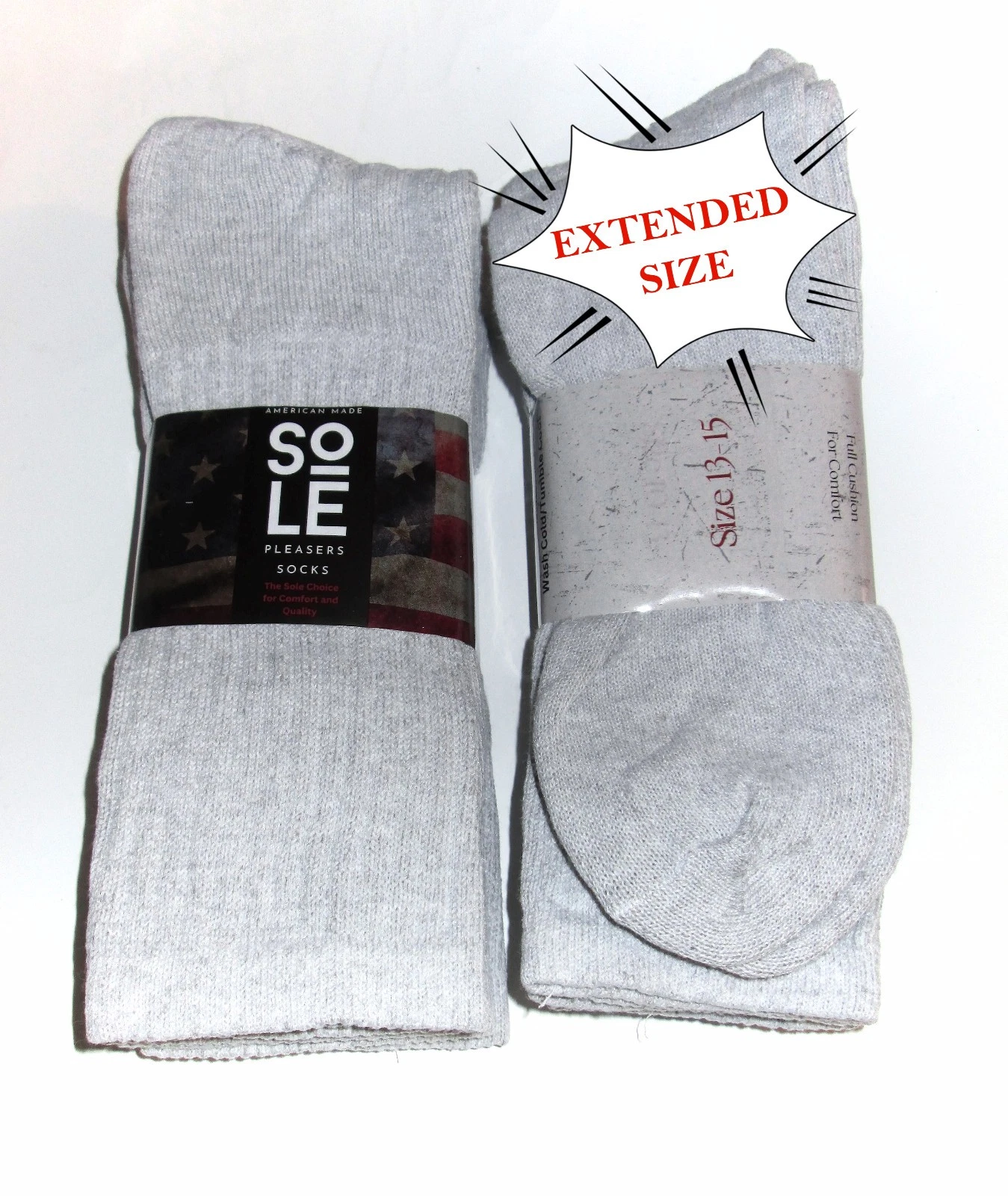 6 Pairs Big Mens 12-15 Shoe Size Gray Soft Cotton Blend Crew Socks US Made