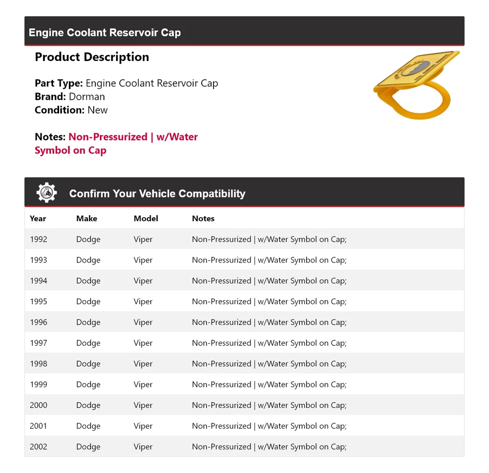 Tapa depósito refrigerante motor Dodge Viper Dorman 1992-2002 1993 1994 1995 Foto 2 de 4