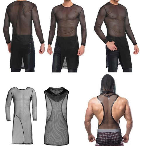 M-3XL Mens Stretchy Crew Neck Mesh See 