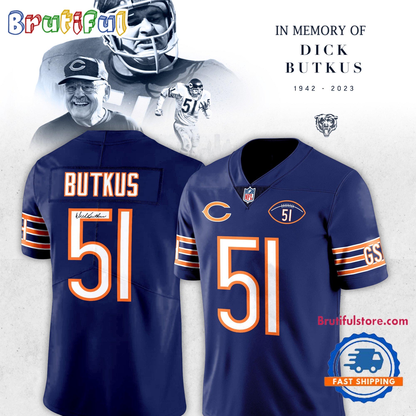 ChicagoxBears DickxButkus 51 Navy Football Jersey Shirt