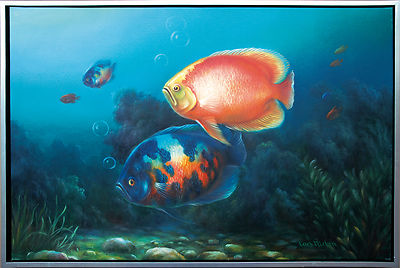 Barsche Aquarium Ölgemälde Lars Nielsen signiert Leinwand 60 x 90 cm Fische