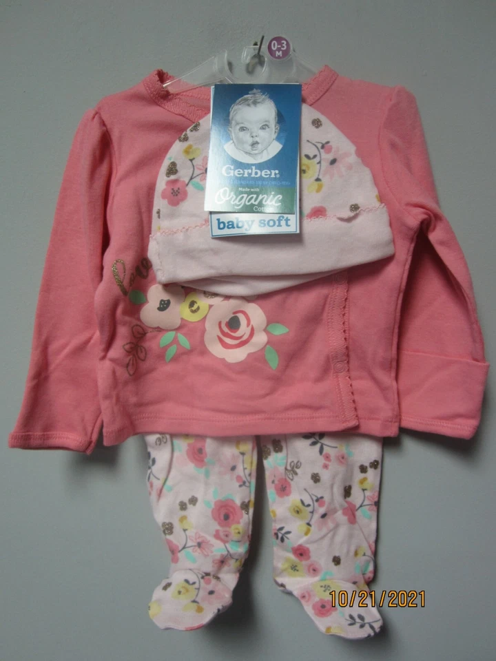 Conjunto Gerber Baby Girl 3 peças algodão orgânico "Love" floral leve-me para casa tamanho 0-3M - Imagem 2 de 4