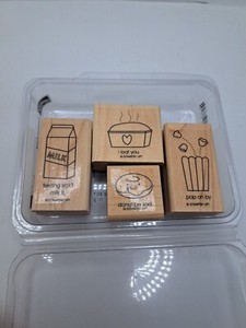 Stampin Up Set (4) COMFORT FOOD Wood Mounted Rubber Stamp Donut I Loaf You