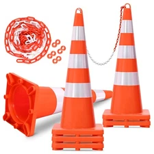 6x 36'' Orange Traffic Safety Cones Fluorescent Reflective Parking Road w/ Chain