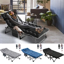 Slsy Folding Camping Cot Reclining Chaise Lounge With Cushion Pillow Side Pocket