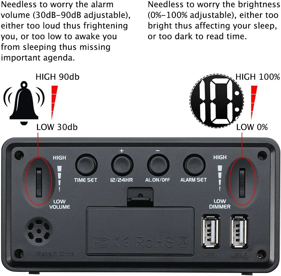 Compact Digital Alarm Clock with USB Charging Port, 0-100% Brightness Dimmer, La - Image 4 of 4