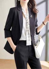 Tailleur completo donna ufficio giacca blazer pantaloni slim nero gessato 5196