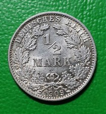 1/2 Mark Piece 1909 E German Reich Imperial Eagle Old Empire Silver Coin