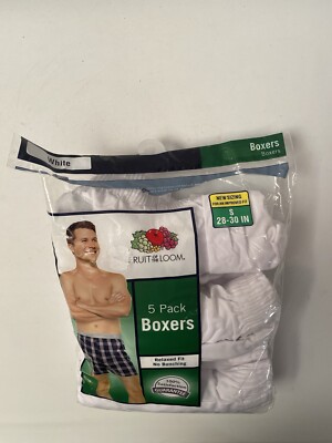 Open Pkg New Fruit of the Loom Small Men's  Boxers 5-Pack White 28-30 Inch Sz S