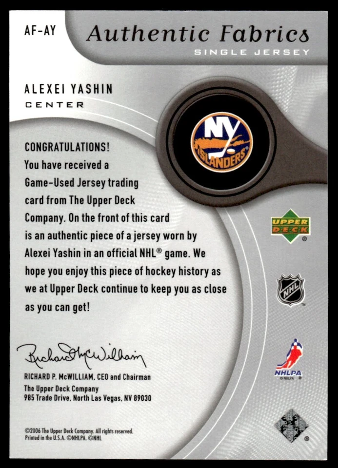 2005-06 SP Game Used Authentic Fabrics Alexei Yashin New York Islanders #AF-AY - Image 2 of 2