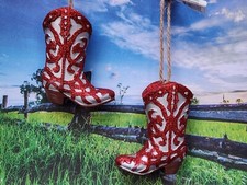 Set 2 New Resin Cowboy Western Boot Ranch silver red glitter Christmas ornament