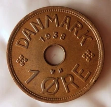 1938 DENMARK ORE - Excellent Scarce Vintage Coin - FREE SHIPPING - Dansk Bin #2