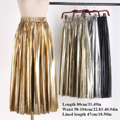 Women Metallic Pleated Skirt Silky Midi A-line Banquet Dress High