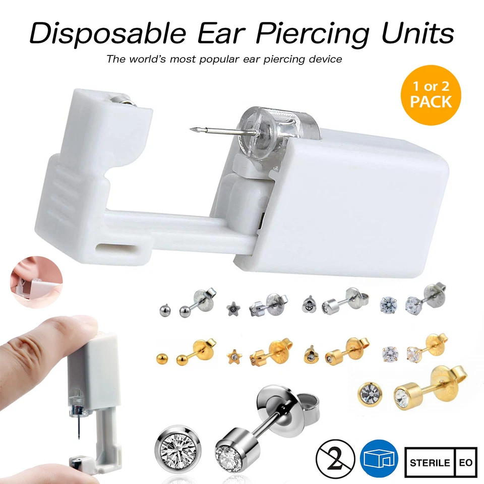 Disposable Ear Piercing Kits - Silver Gold CZ Stud Nose Earring Gun DIY Home UK